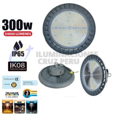 HIGH BAY INDUSTRIAL TRICOLOR OPALUX 300W 6500K/4000K/3000K FLUJO LUMINOSO 54 000Lm VIDA UTIL 50 000Hs IP65 IK08 AC100-300V FACTOR DE POTENCIA-0.9 MATERIAL ALUMINIO