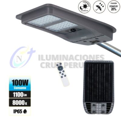 LUMINARIA PASTORAL SOLAR LED OPALUX 100W 8000K FLUJO LUMINOSO 1100Lm VIDA UTIL 50 000Hs IP65 FUNCION: SENSOR PANEL SOLAR MONOCRISTALINO 6V 10W