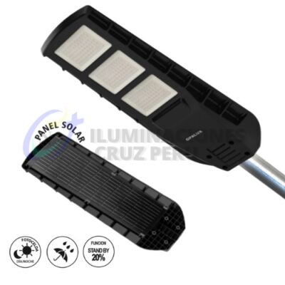 LUMINARIA PASTORAL SOLAR LED OPALUX 300W 7200K FLUJO LUMINOSO 3 300Lm VIDA UTIL 50 000Hs IP65 FUNCION: SENSOR PANEL SOLAR MONOCRISTALINO