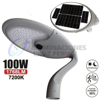 LUMINARIA SOLAR MODELO CISNE 100W 2853 SMD OPALUX 7200K 1768Lm IP65 Panel Solar: 5V 25W MONOCRISTALINO