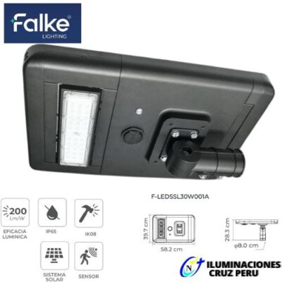 LUMINARIA VIAL SOLAR SUNTEC LED F-LEDSSL30W001A FALKE 30W 5700K FLUJO LUMINOSO 6200Lm VIDA UTIL 50 000Hs IP66 IK08 Control MPPT y sensores de microondas
